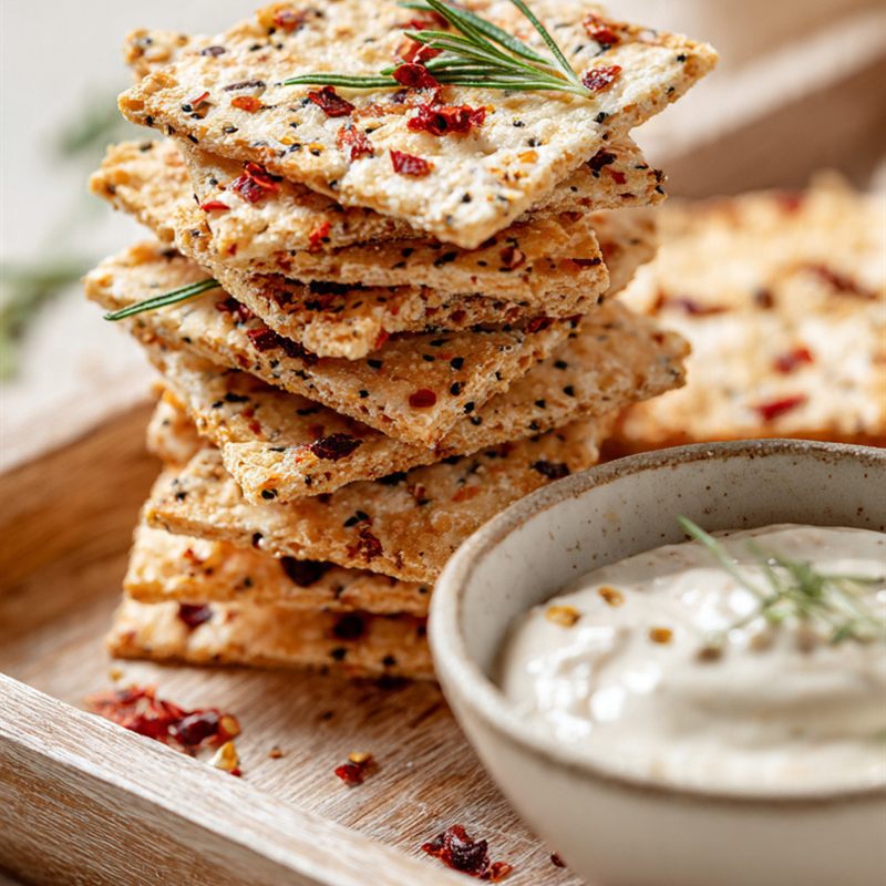 Chilli and oregano sourdough crackers stacked on a wooden board with a dip