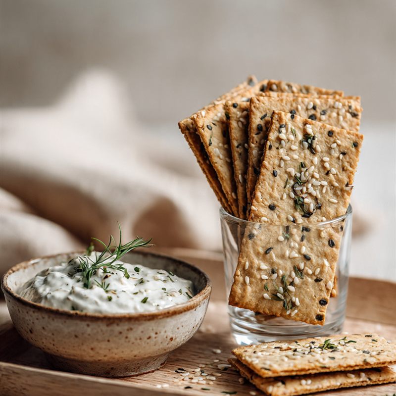 Sesame and herb sourdough crackers in a glass beside a bowl of dip